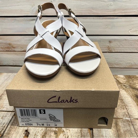New Clarks Jaelyn Fog White Leather Block Heel Sandals Slingback Comfort 7.5M - Picture 2 of 8